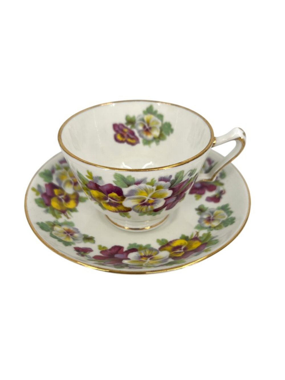 Crown Staffordshire England Purple Yellow Pansies Gold Trimmed F15069